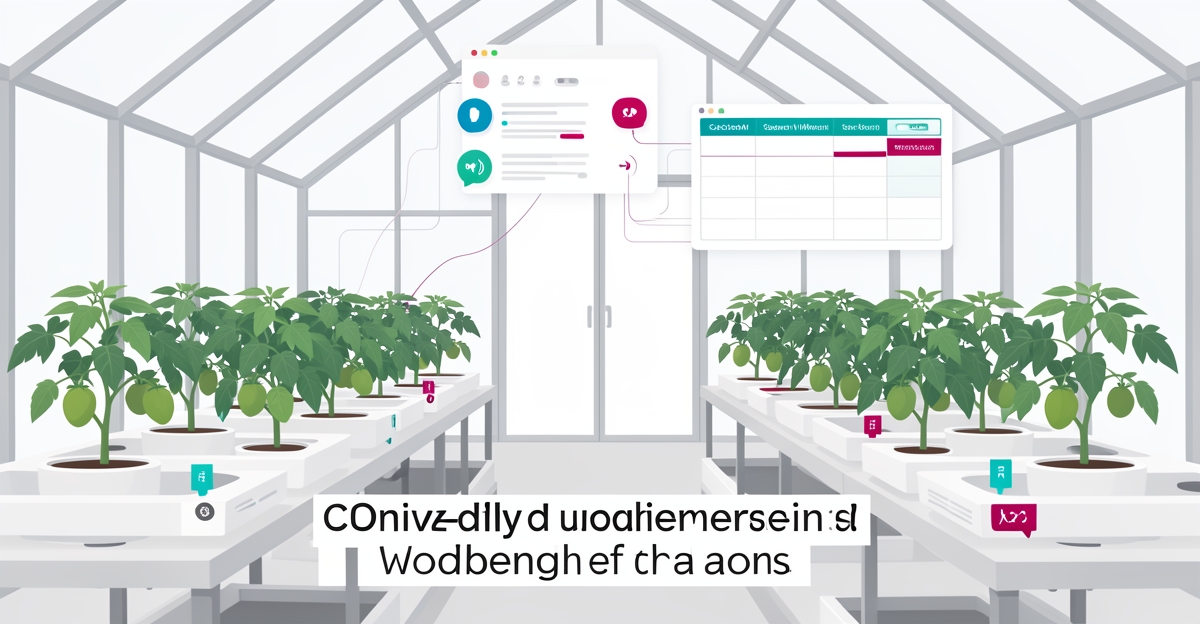 Flat illustration of a greenhouse with AI dashboard tracking custom growing inquiries and seasonal follow-ups.