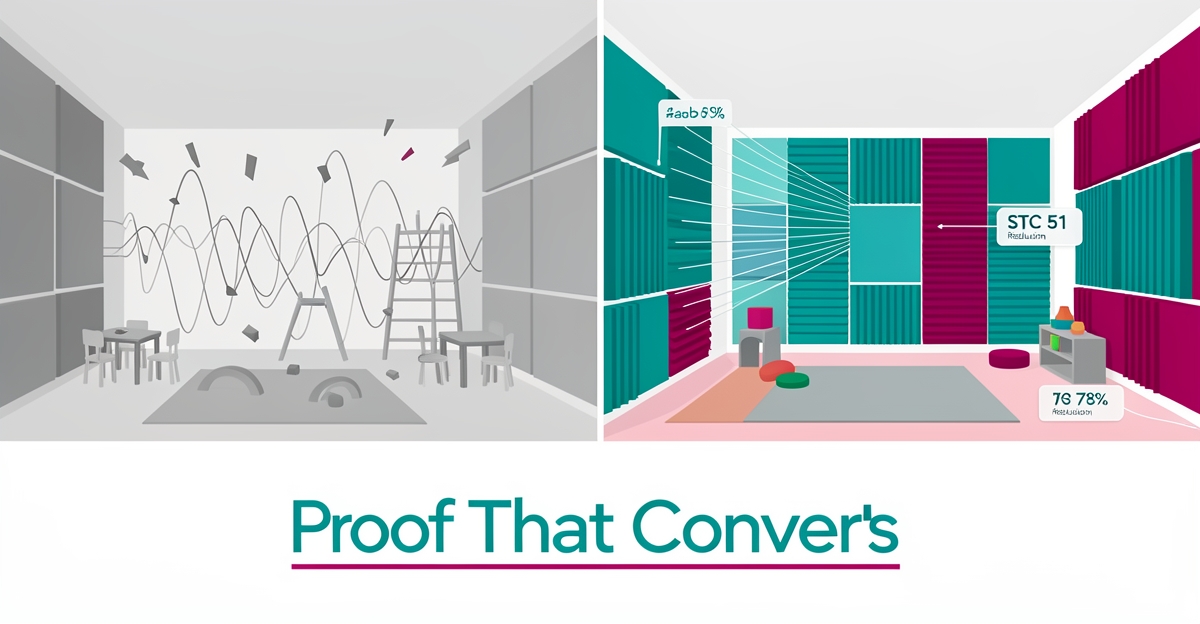 Split illustration showing noisy room versus soundproofed space with acoustic panels and measurable results badges.