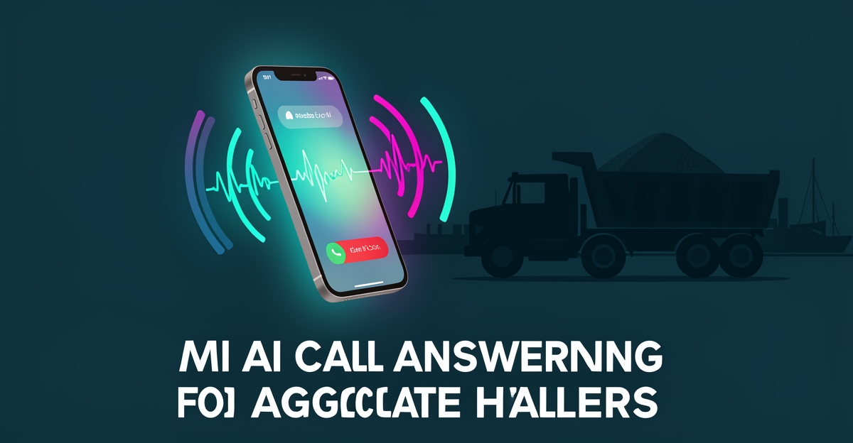Flat illustration of a smartphone with AI voice waves beside a dump truck and Halifax skyline, headline reading Never Miss a Lead.