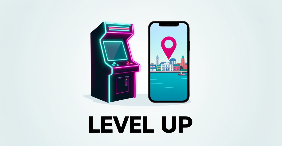 Flat illustration of a glowing arcade cabinet and smartphone map pin beside the Halifax skyline in teal and magenta brand colors.