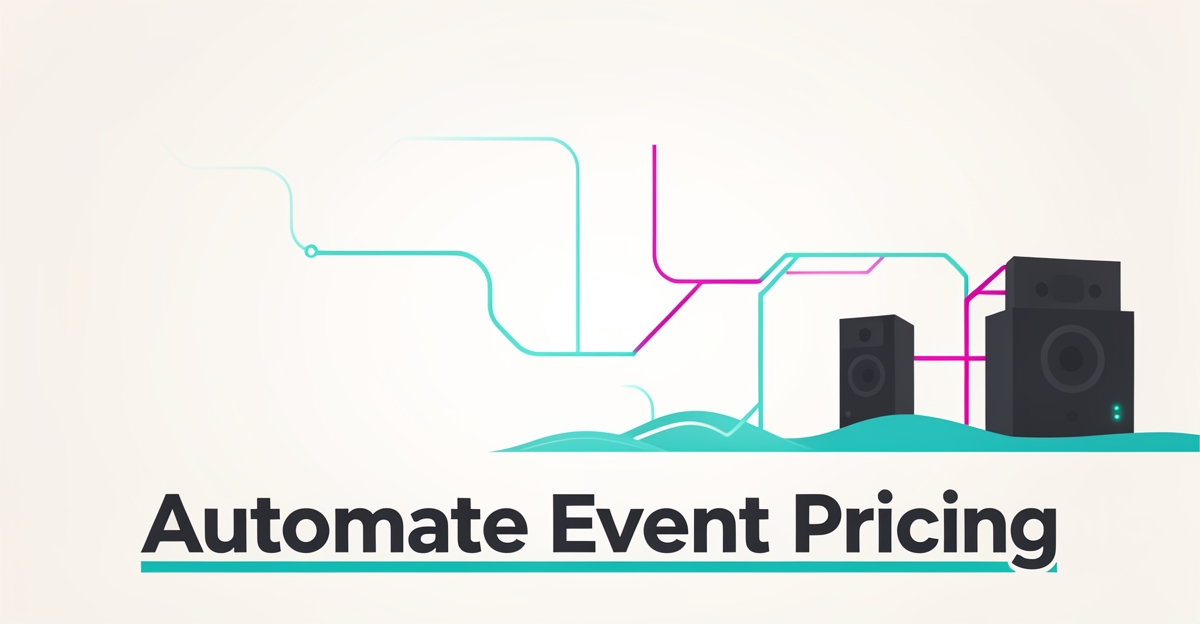 Flat illustration of AV event equipment connected by glowing teal and magenta digital pathways representing AI-automated event pricing for Halifax companies.