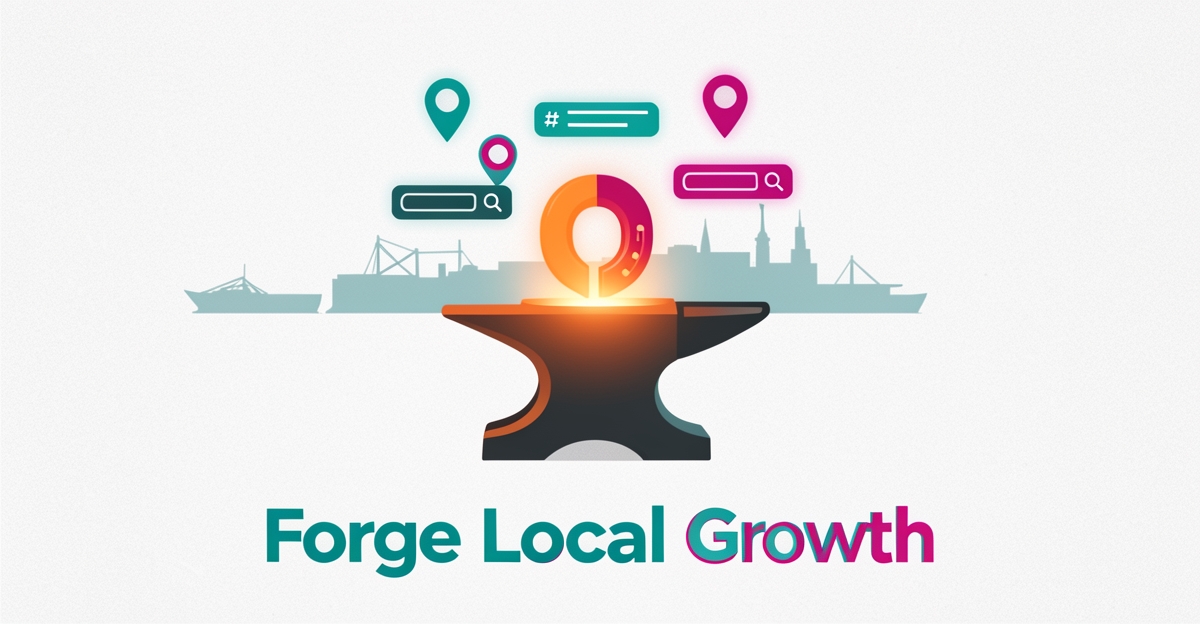 Flat illustration of a blacksmith anvil with glowing forge attracting digital search icons over a Halifax skyline, accented in teal and magenta.