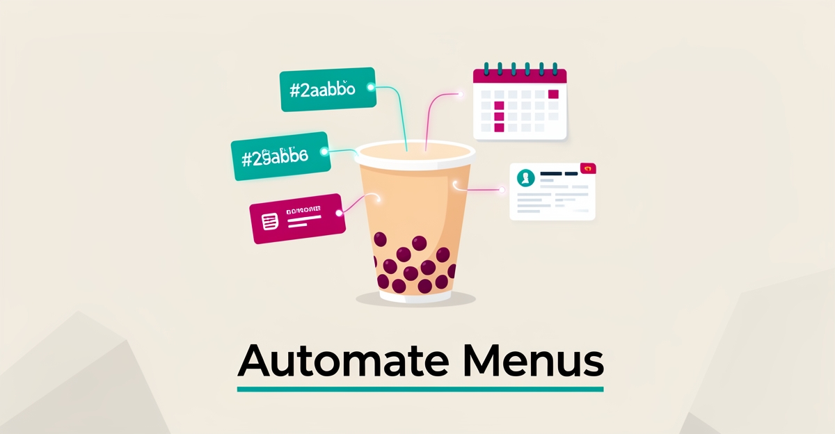 Flat illustration of a bubble tea cup with menu cards syncing automatically across channels, accented in teal and magenta.