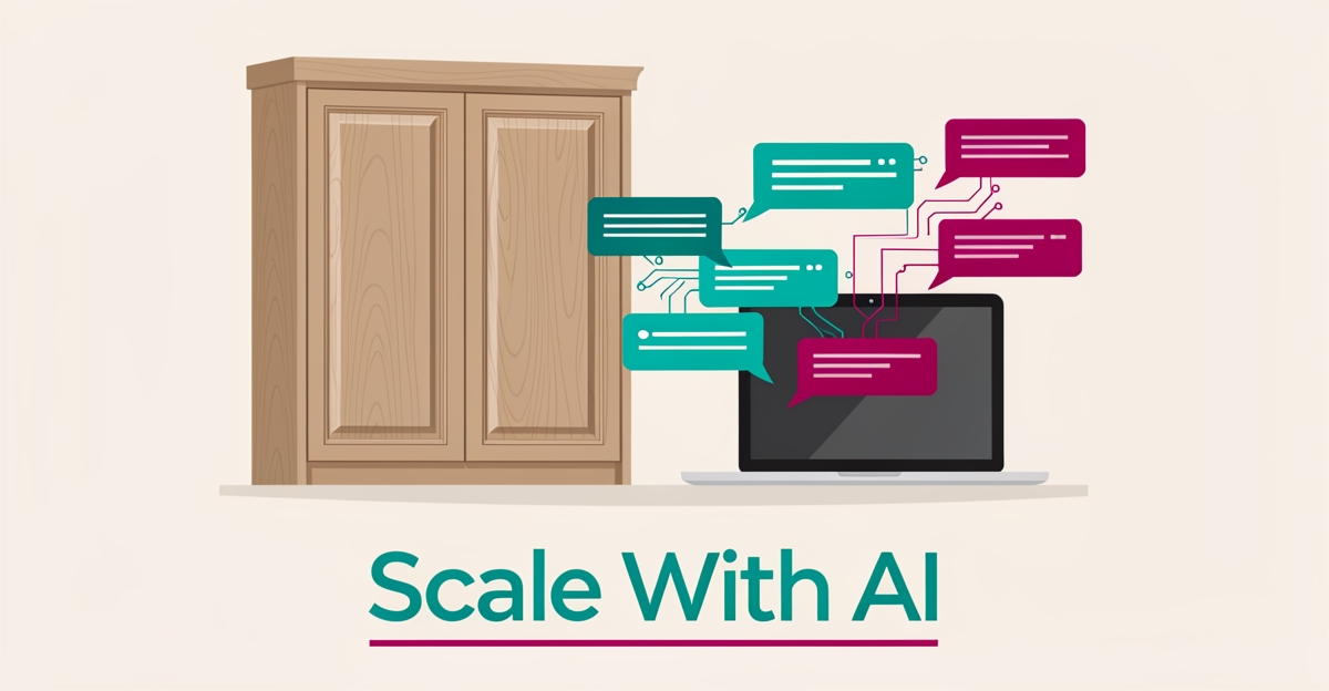 Flat illustration of cabinet panels and chat bubbles flowing to a laptop, showing AI handling high message volume for cabinet refacers.