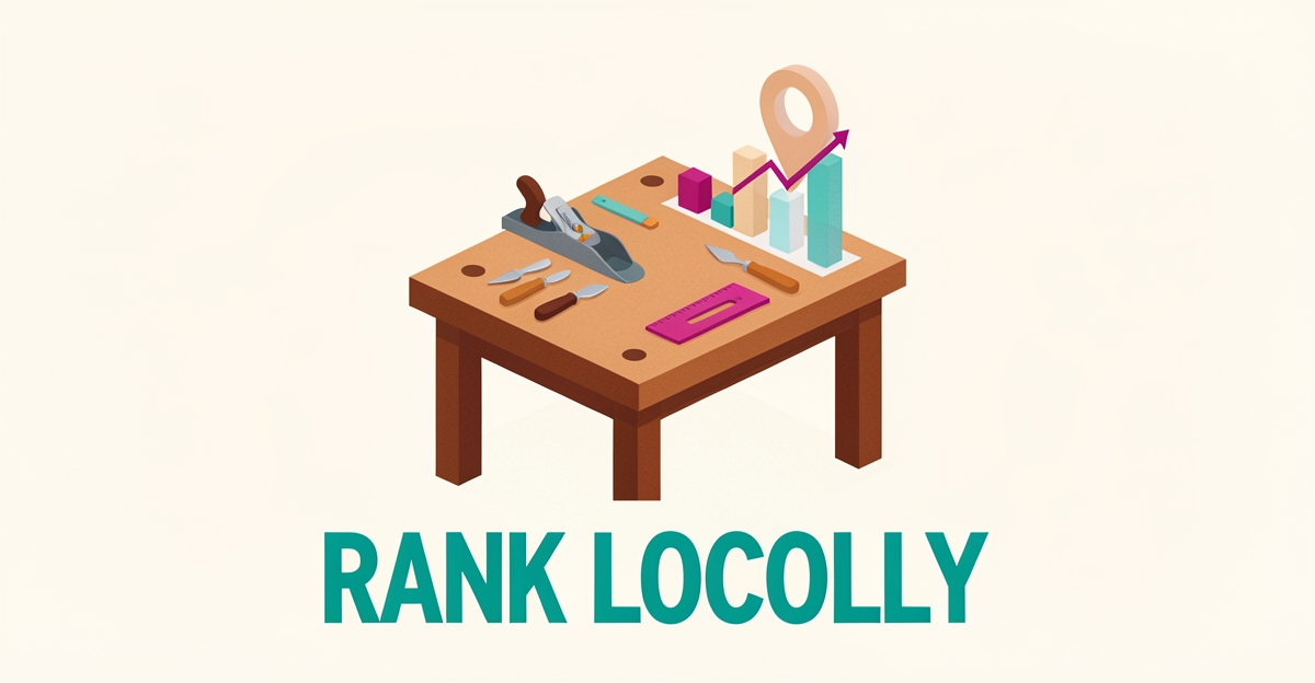 Flat illustration of carpentry tools on a workbench beside a rising search ranking chart, symbolizing AI-driven local search success for Halifax carpenters.