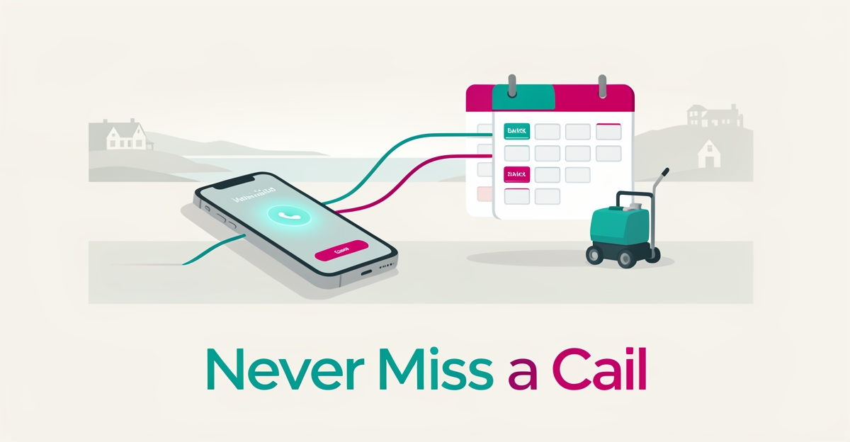 Flat illustration of a smartphone forwarding missed calls to an AI receptionist that books carpet cleaning appointments, with teal and magenta accents.