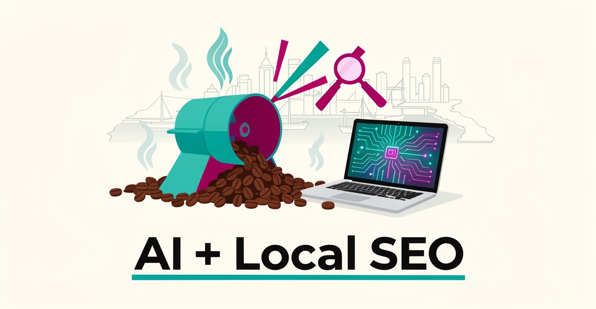 Flat illustration of a coffee roaster and laptop with AI circuit patterns, teal and magenta accents, headline reading AI + Local SEO.