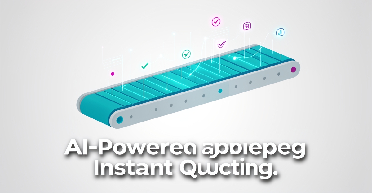 A minimalist flat illustration of a conveyor belt with AI data accents, symbolizing instant project quotes for Halifax conveyor businesses, with brand-colored highlights and a headline in the lower third.