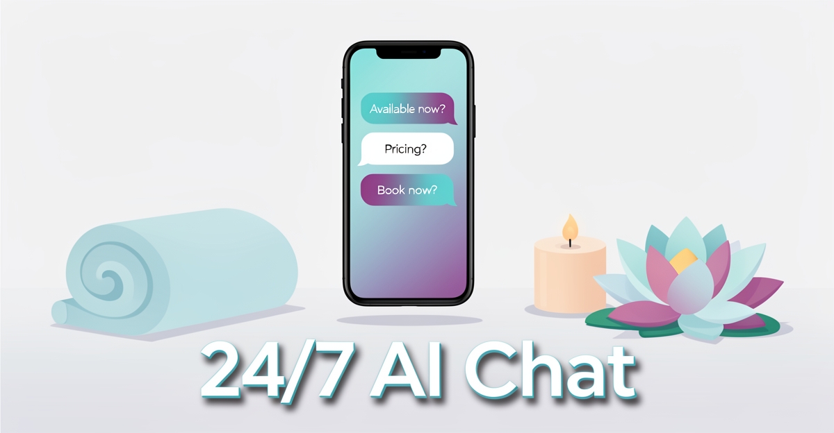 A smartphone showing an AI chat interface floats above a minimalist spa scene with brand-colored accents, promoting 24/7 customer response for Halifax day spas.
