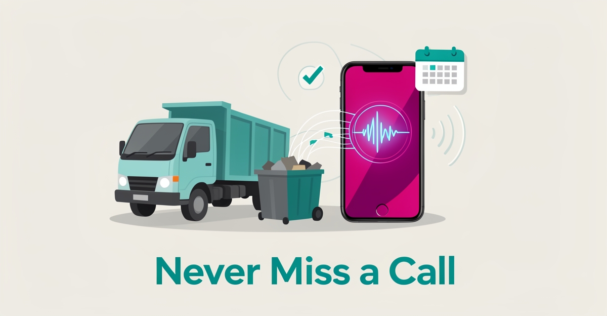 Flat illustration of a debris removal truck beside a smartphone with an AI voice assistant answering calls and booking jobs, accented in teal and magenta.