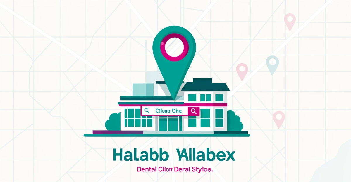 Flat illustration of a map pin over a dental clinic cityscape symbolizing local search rankings for denture services.