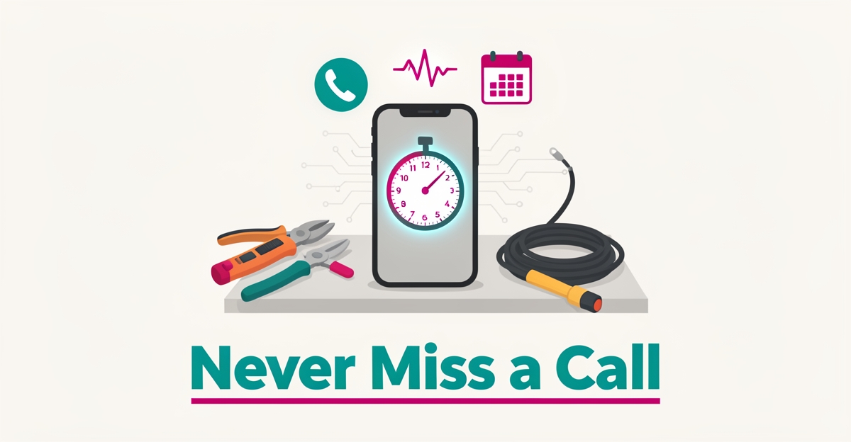 Flat illustration of a smartphone with a stopwatch and electrical tools, symbolizing AI answering electrician calls in under 90 seconds.