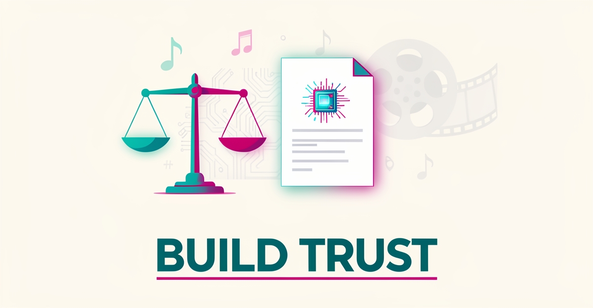 Flat illustration of legal scales with AI circuitry, music and film motifs in teal and magenta, symbolizing trust-building AI content for Halifax entertainment lawyers.