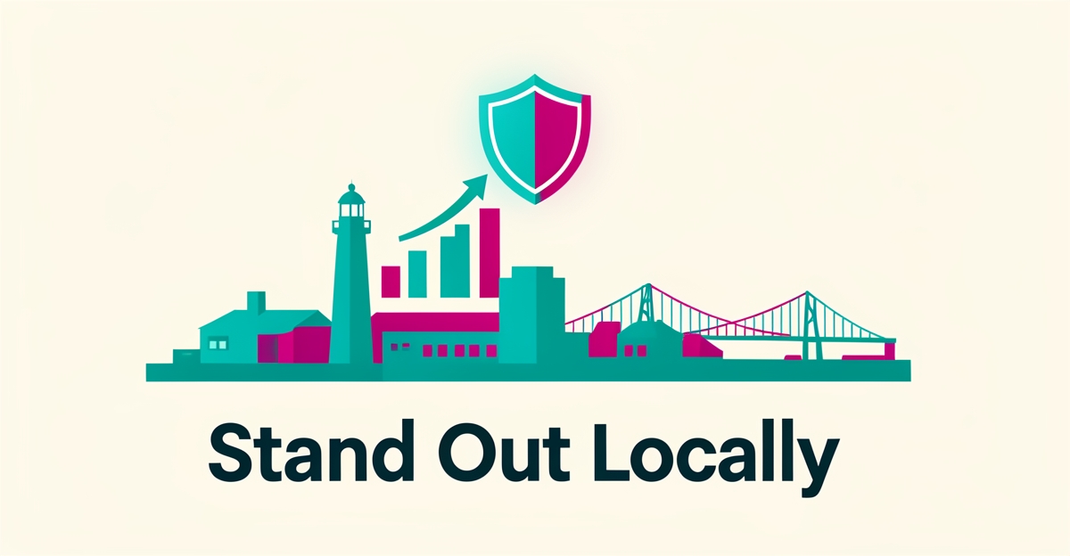 Flat illustration of Halifax skyline with a lighthouse, rising search ranking bars and a glowing trust badge in teal and magenta accents.