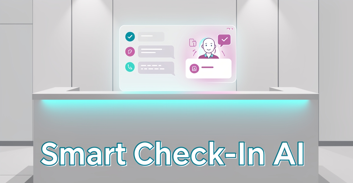 A minimalist flat illustration of a hotel desk with AI chatbot interface glowing softly, featuring brand-colored accents and the headline 'Smart Check-In AI' in the lower third.