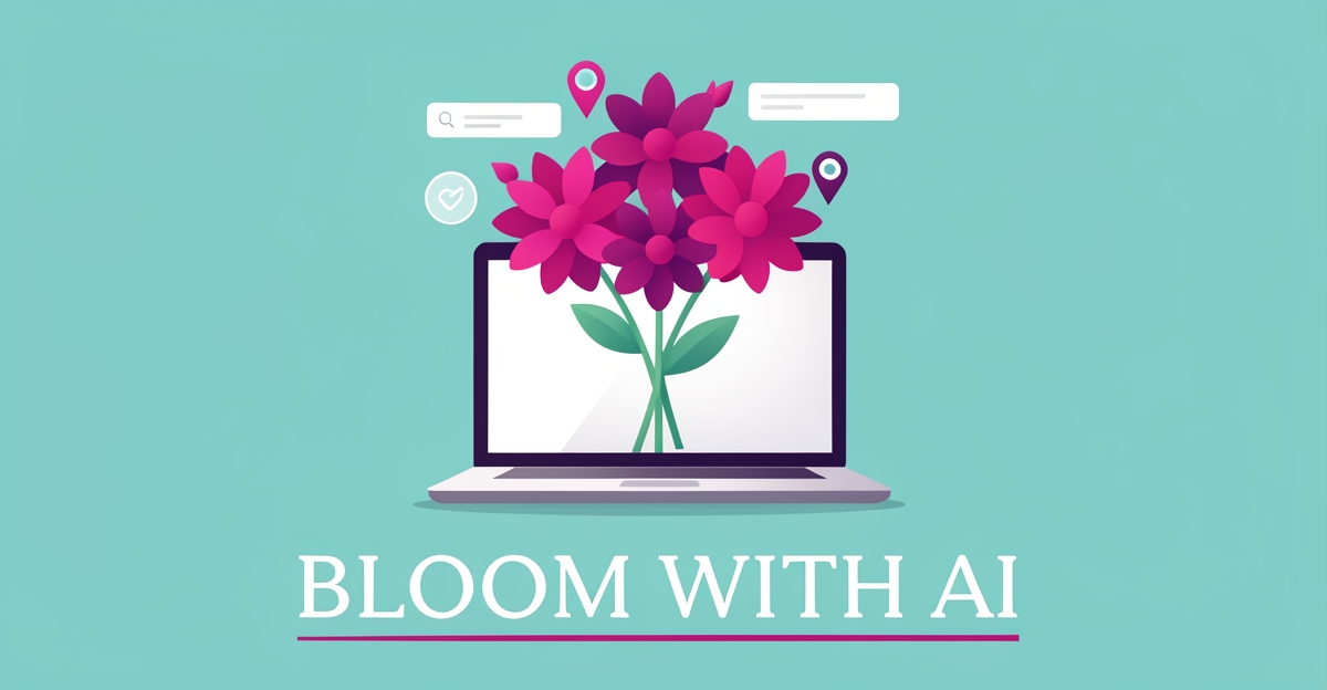 Flat illustration of flowers blooming from a laptop with location pins, representing AI-powered local SEO for Halifax florists.