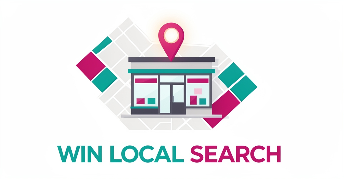 Flat illustration of a Halifax framing shop storefront with a glowing map pin, symbolizing hyperlocal SEO and local search visibility.