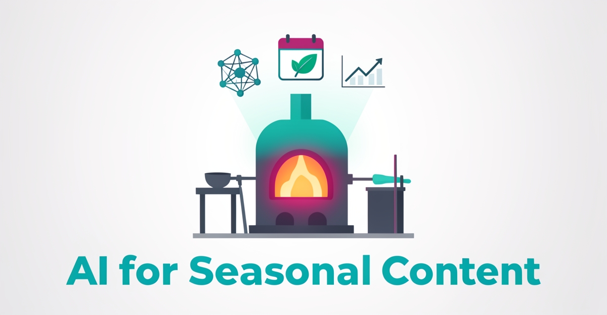 A flat illustration of a glassblowing furnace with AI icons, representing how Halifax studios can use AI for seasonal content.