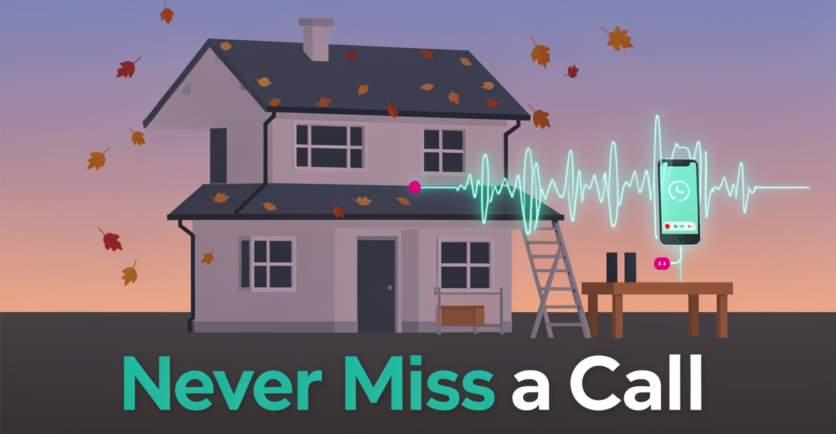 Flat illustration of a Halifax house, ladder, and smartphone with an AI voice waveform answering a missed call at dusk.