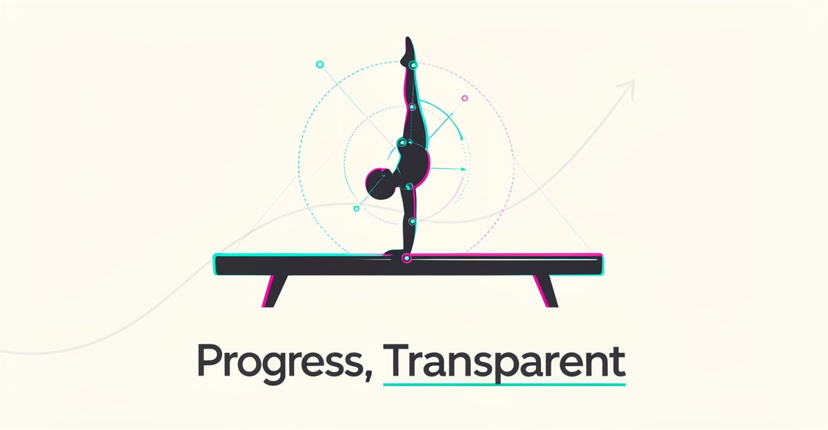 Flat illustration of a faceless gymnast on a balance beam with AI motion-tracking markers and progress lines in teal and magenta.