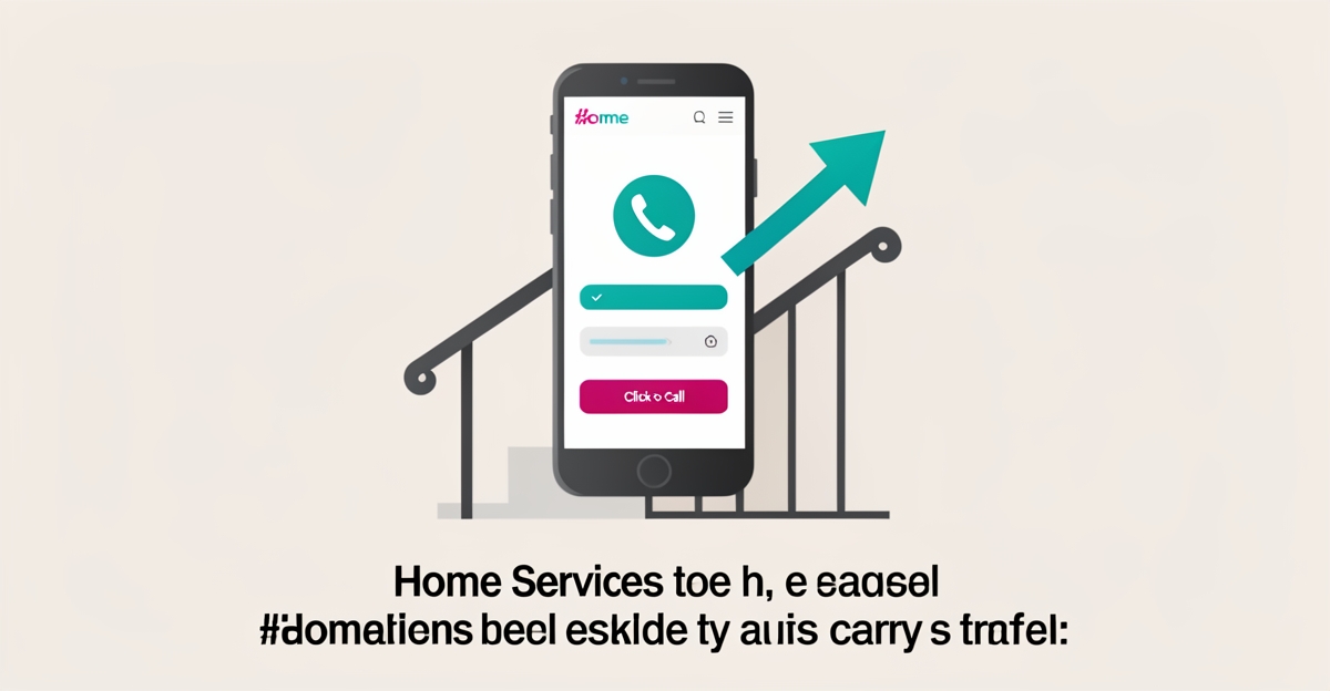 Flat illustration of a smartphone showing a handrail repair website with a click-to-call button beside a staircase, accented in teal and magenta.