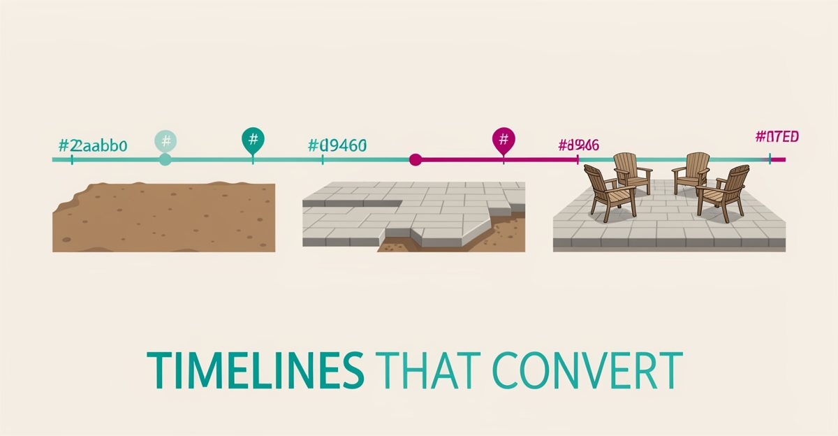 Flat illustration of a hardscaping patio project shown in phases along a teal and magenta timeline with the headline Timelines That Convert.