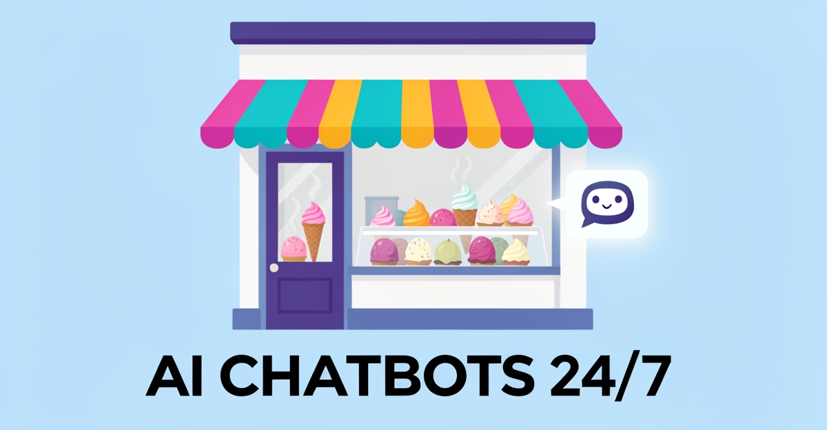 A modern flat illustration of a Halifax ice cream shop with a floating AI chatbot interface, using brand colors, representing 24/7 customer service automation.