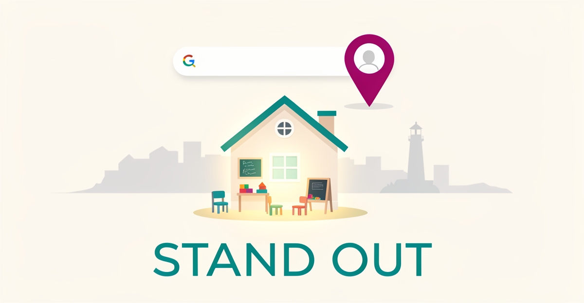 Flat illustration of a glowing in-home daycare house beneath a search bar and map pin, symbolizing Halifax daycare providers standing out in local search.