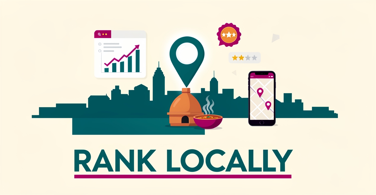 Flat illustration of a Halifax skyline with a glowing map pin over an Indian restaurant, search ranking charts and a phone map, accented in teal and magenta.