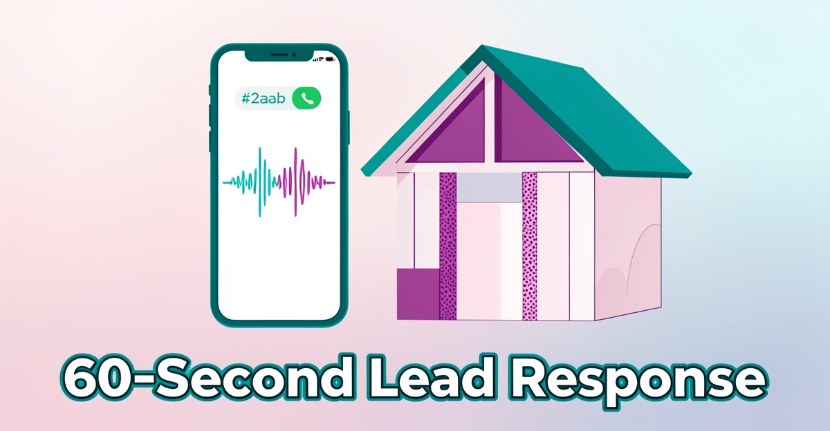 A smartphone showing a voice call animation next to an insulated house, illustrating fast AI-powered lead response for Halifax insulation contractors, with brand-colored accents and a minimalist professional style.