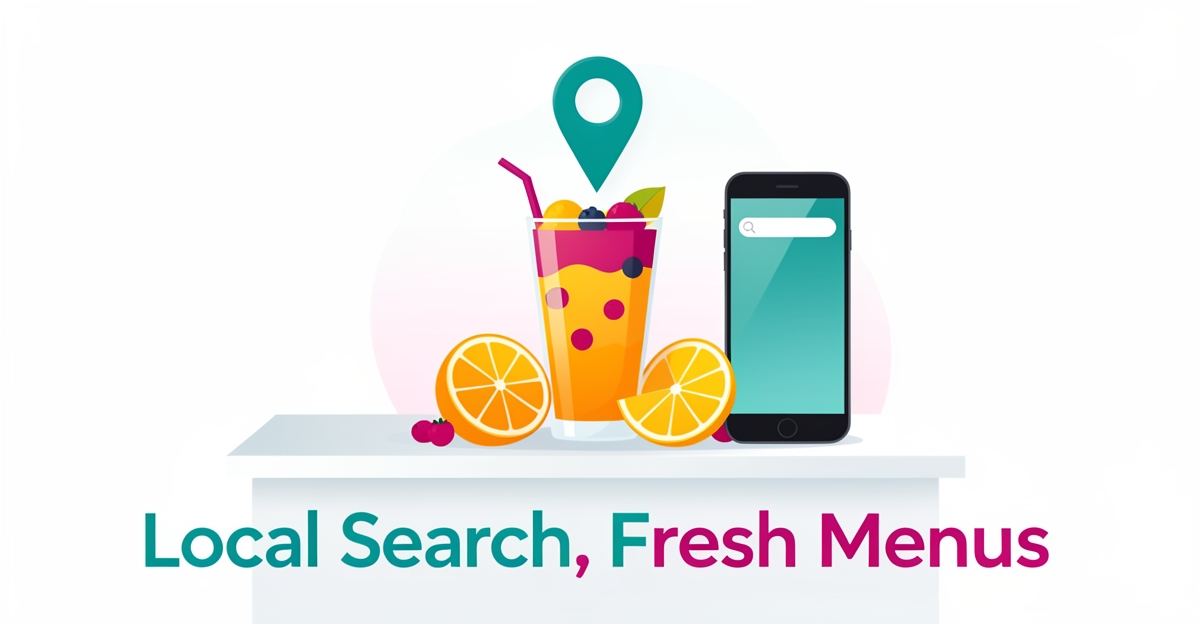 Flat illustration of a layered smoothie and smartphone with a map pin, symbolizing AI-driven local SEO for Halifax juice bars.