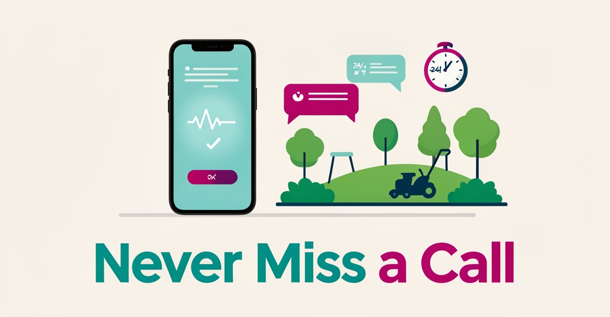 Flat illustration of a smartphone capturing landscape business calls with AI, accented in teal and magenta, headline reading Never Miss a Call.