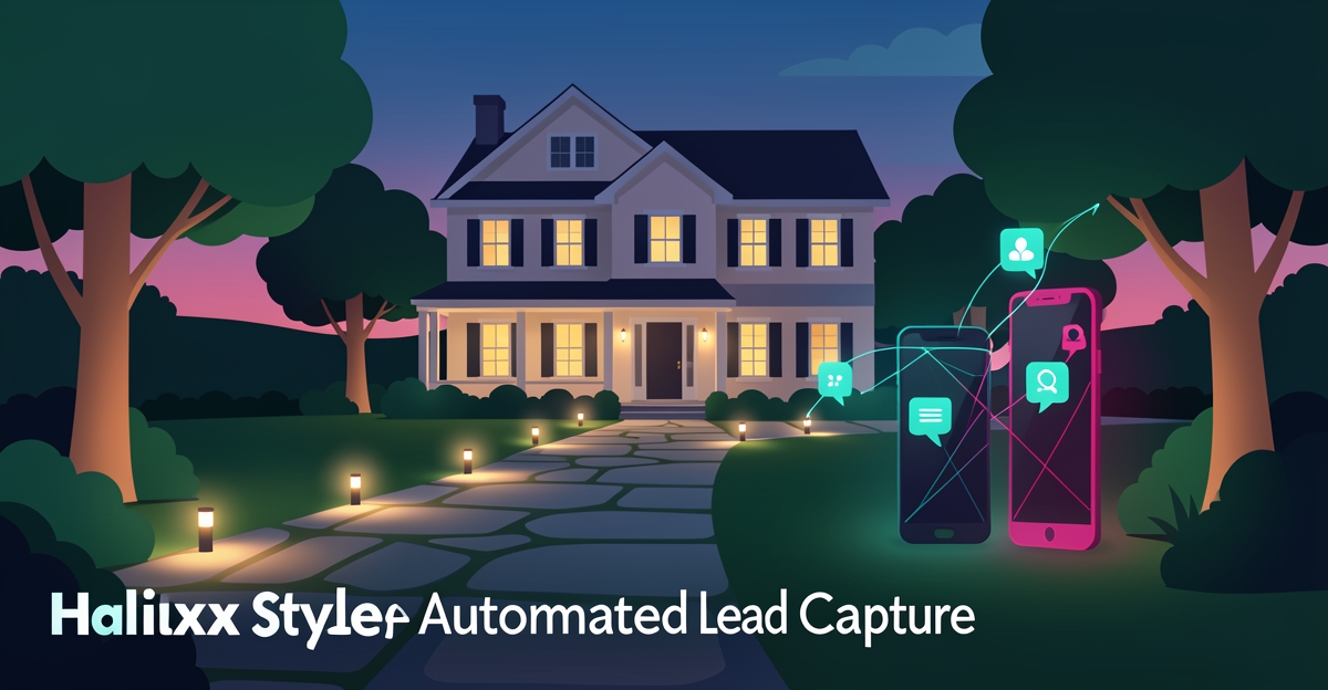 Flat illustration of a landscaped home glowing with automated lighting and digital lead-capture connections, accented in teal and magenta.