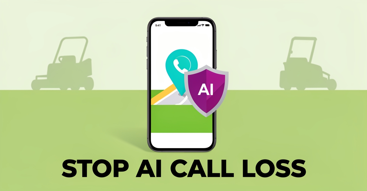 A minimalist flat illustration showing a smartphone with a Google Maps pin and shield blocking an AI symbol on grass, representing protection against AI call interference for local lawn mowing businesses