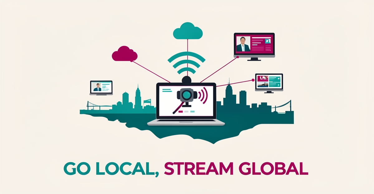 Flat illustration of a live streaming broadcast over a stylized Halifax skyline with cloud and localization icons in teal and magenta, headlined Go Local, Stream Global.