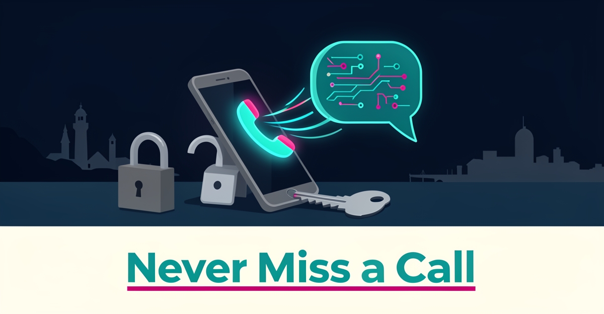 Flat illustration of a ringing smartphone and padlock with an AI assistant intercepting calls, symbolizing AI answering services for Halifax locksmiths.