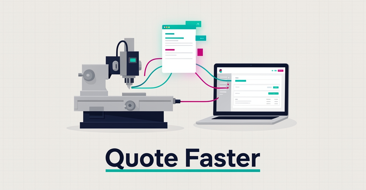 Flat illustration of a CNC machine connected to a digital AI quote interface with teal and magenta accents, headlined Quote Faster.