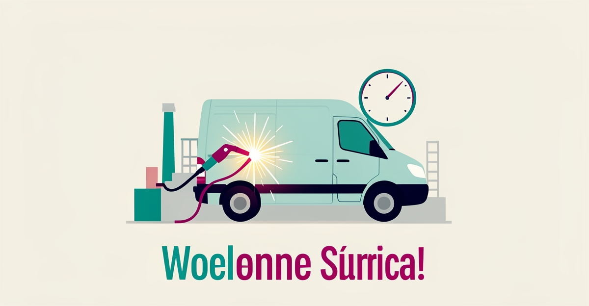 Flat illustration of a mobile welding van with glowing torch sparks and a clock icon symbolizing fast same-day repair turnaround.