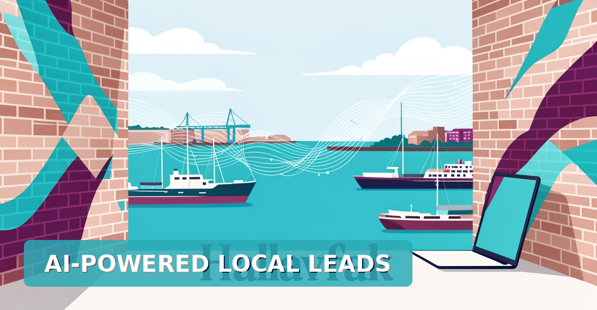 Flat illustration of Halifax harbor with AI-enhanced mural design, brand-colored accents, and space for headline 'AI-Powered Local Leads' in lower third