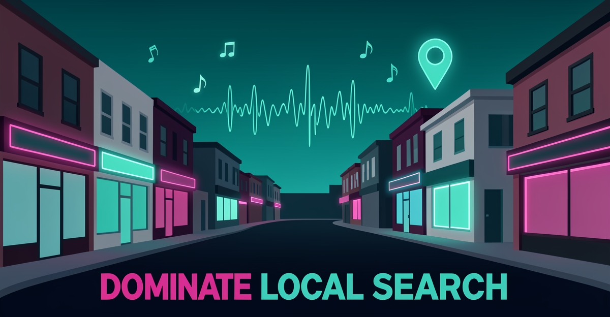 Flat illustration of a neon-lit Halifax nightclub street at dusk with a glowing map pin, symbolizing local search dominance for live music venues.
