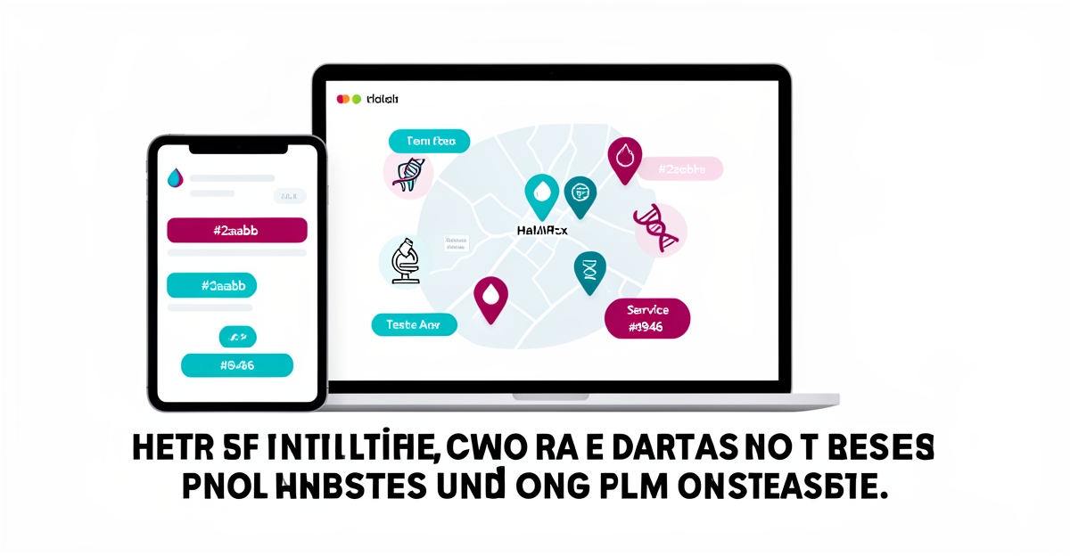 Flat illustration of a smart website showing Halifax service areas and lab tests on devices, with brand-colored accents and a headline overlay for local SEO