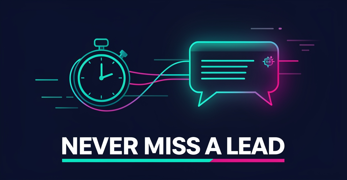 Flat illustration of a dumbbell connected to an AI chat bubble with teal and magenta accents, symbolizing instant lead response for fitness studios.