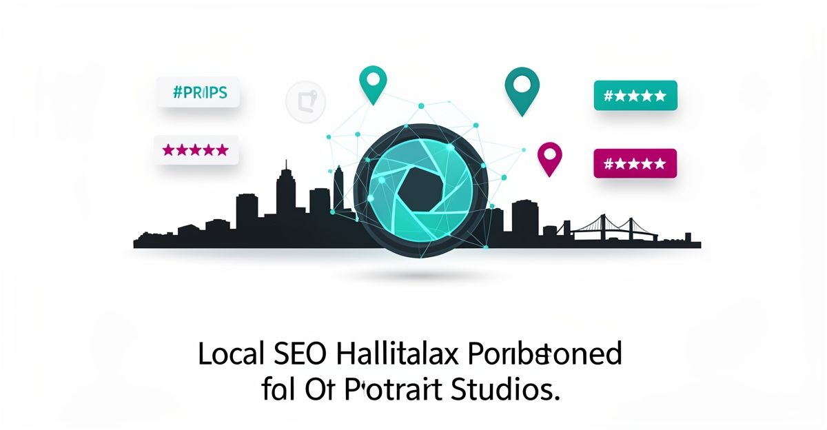 Flat illustration showing AI-powered local SEO for Halifax portrait studios with skyline, camera lens and map elements.