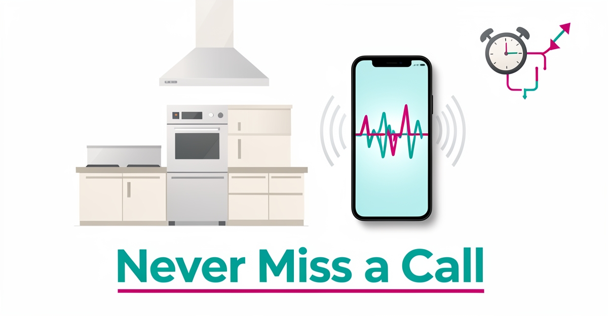 Flat illustration of a smartphone with an AI voice waveform beside restaurant kitchen equipment, accented in teal and magenta, with headline Never Miss a Call.