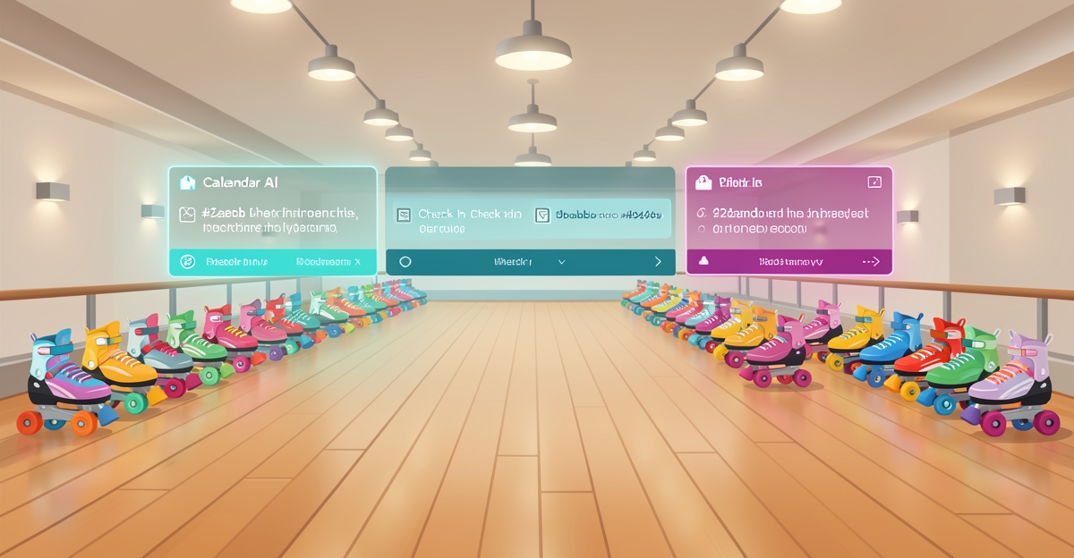 Modern flat illustration of a roller skating rink with glowing AI reminder interface accents in brand colors, showing skates on floor and soft lighting, no people, professional business visual