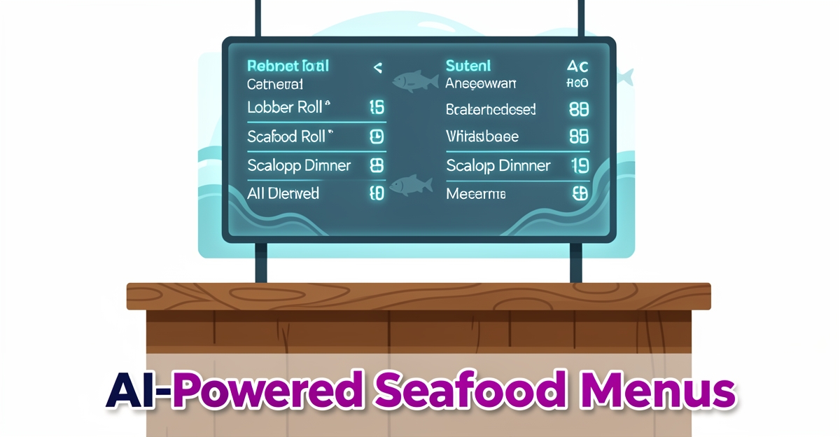 A modern flat illustration of a digital menu board displaying AI-generated seafood dish descriptions with oceanic accents and a bold headline in brand colors, suggesting tech-enhanced restaurant marketing.