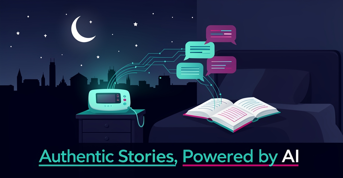 Flat illustration of a glowing sleep therapy device beside a stylized Halifax night skyline with data streams flowing into an open storybook, accented in teal and magenta.