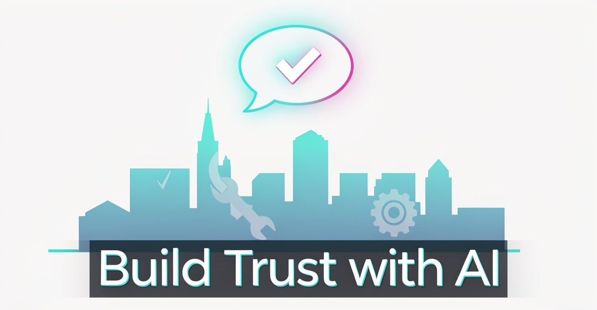 A minimalist flat illustration of Halifax skyline with gear-wrench buildings and an AI chat bubble, accented in brand colors, with the headline 'Build Trust with AI' in the lower third.