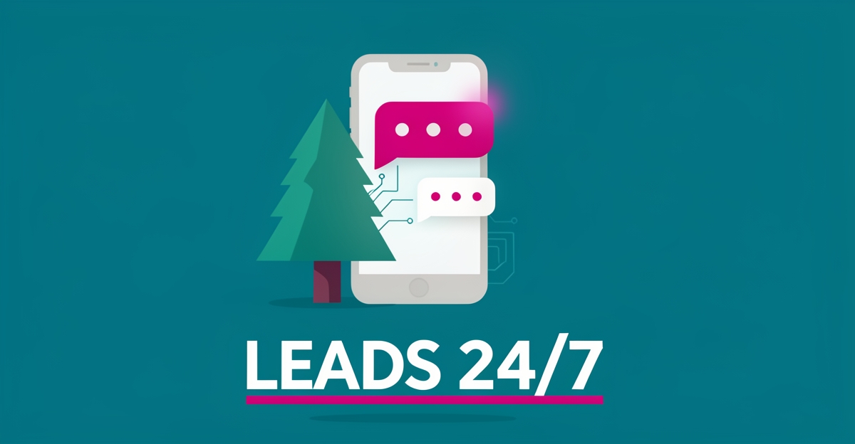 Flat illustration of a smartphone chatbot beside a stylized evergreen tree in teal and magenta, symbolizing 24/7 lead capture for tree services.