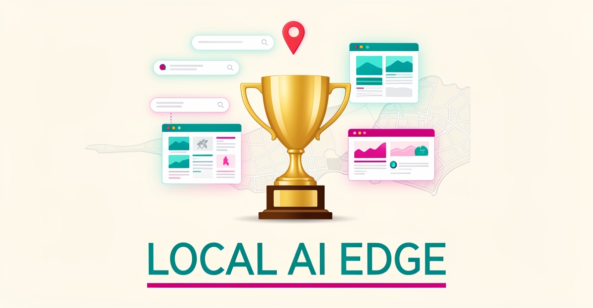 Flat illustration of a trophy surrounded by AI content cards and location pins in teal and magenta, symbolizing AI-driven local content for Halifax trophy shops.